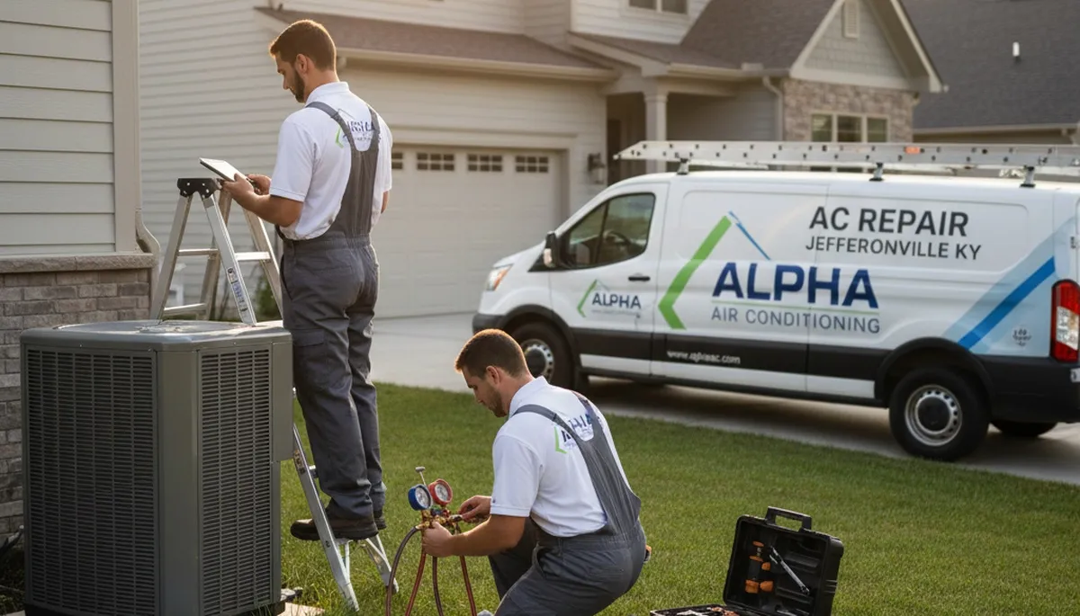Professional AC repair technician servicing air conditioning unit in Louisville KY home