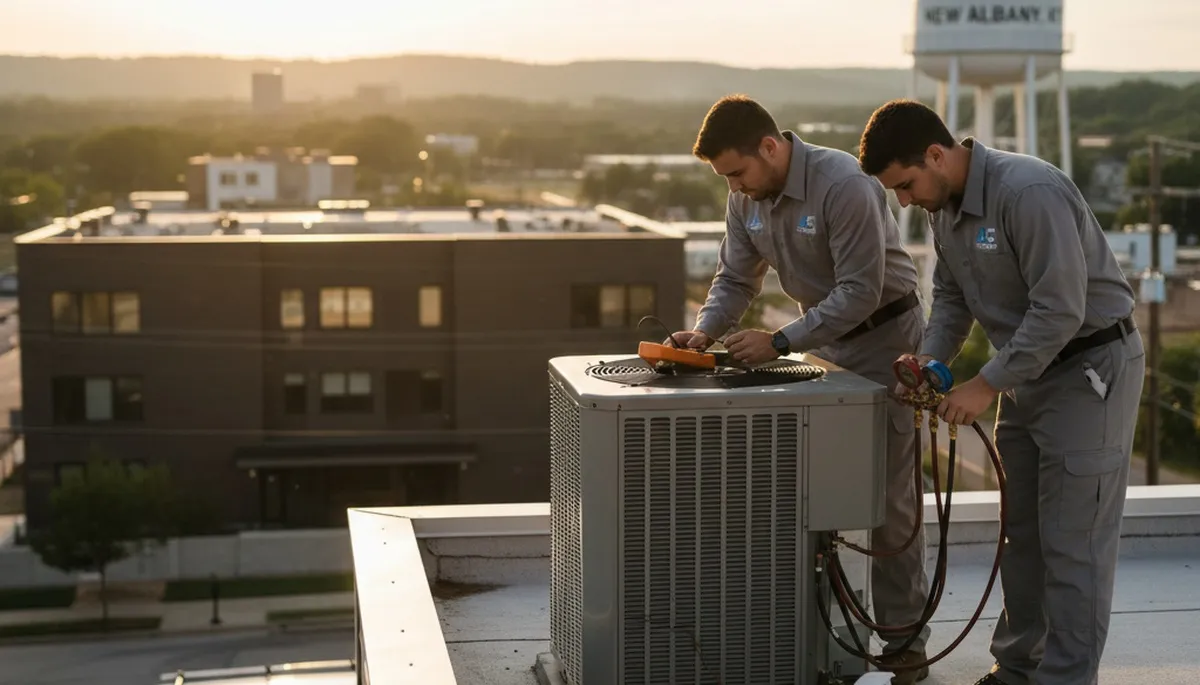 AC repair technician servicing residential air conditioner in Louisville KY