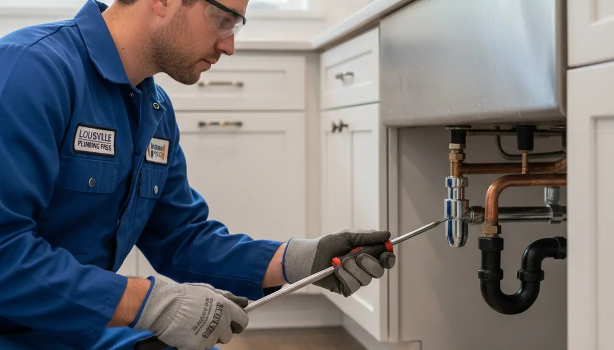Plumbing technician repairing pipes at Louisville KY home | Five Star Cooling plumbing services
