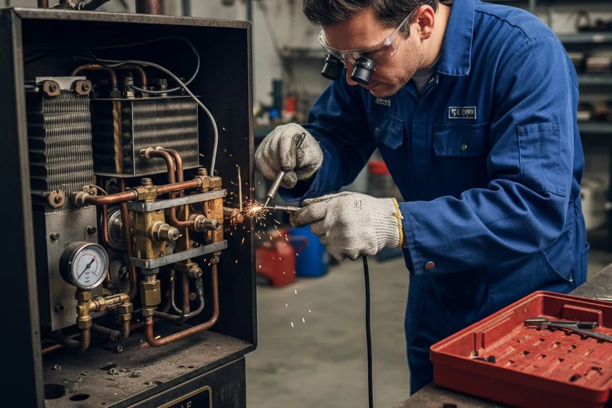 Technician performing precision boiler component repair in Louisville KY home for Five Star Cooling
