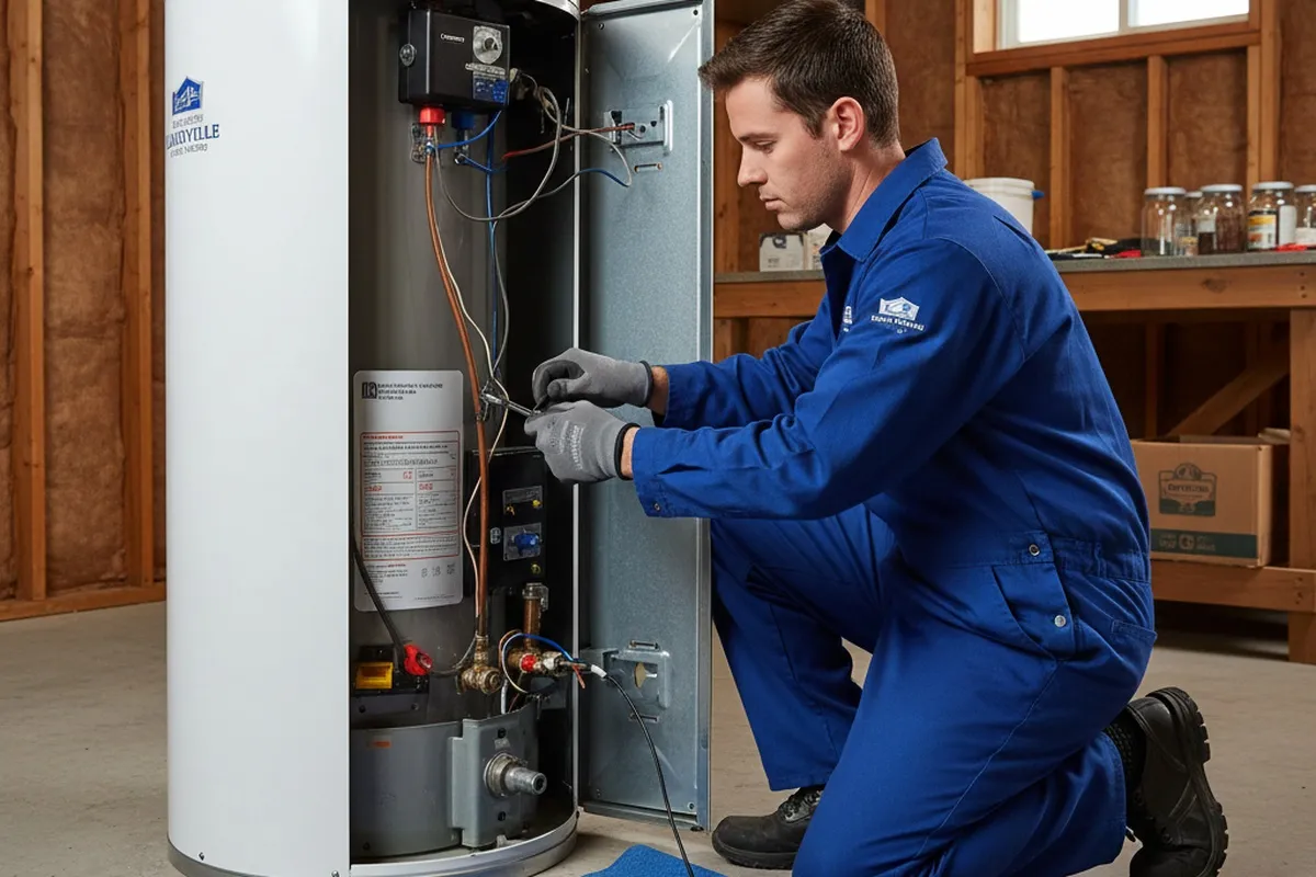 Technician performing professional water heater repair at a Louisville KY home for Five Star Cooling